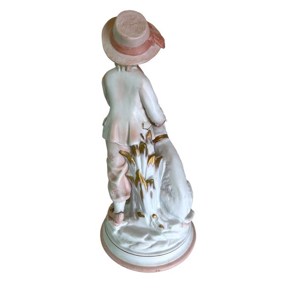 Vintage Figurine Boy with Dog in Pink Andrea by Sadek Bisque Porcelain 10" - Picture 3 of 7